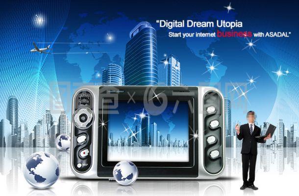 笔记本电脑播放器与地球PSD分层素材 电脑主题设计的完美融合